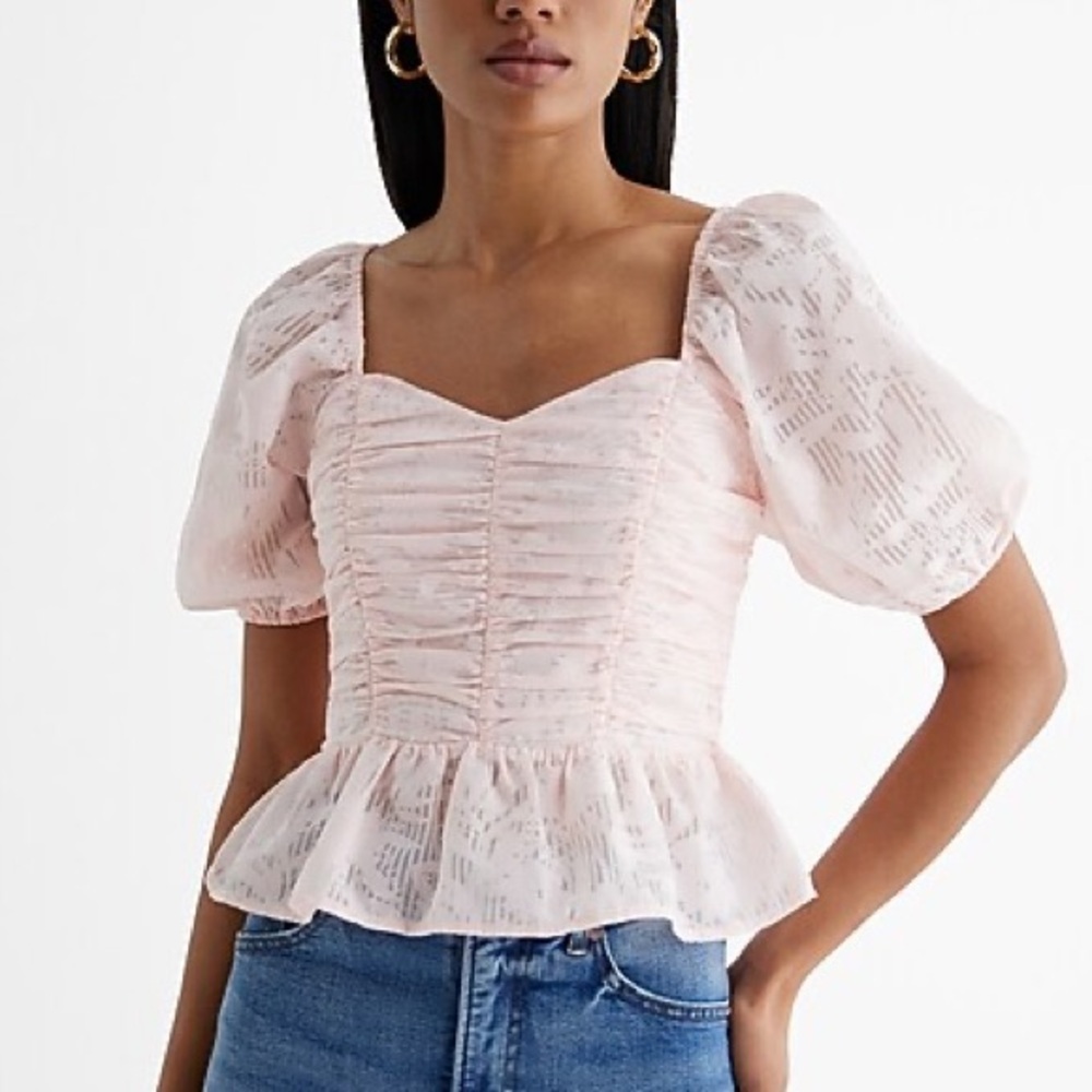 New Express Women’s Puff Sleeve Peplum Top Blouse Striped Floral Ruched Coquette